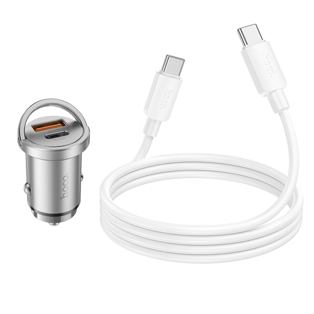 Автомобильное зарядное устройство Hoco NZ10 USB/ Type-C PD 45W серебристый + кабель Type-C to Type-C