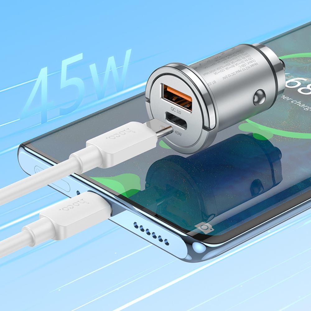 Автомобильное зарядное устройство Hoco NZ10 USB/ Type-C PD 45W серебристый + кабель Type-C to Type-C