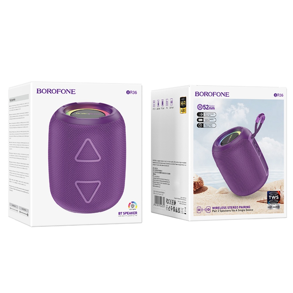Портативная Bluetooth колонка Borofone BR36 TWS с LED подсветкой purple