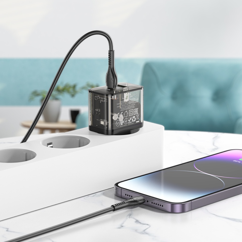 Сетевое зарядное устройство Hoco N34 USB/ Type-C QC PD 20W прозрачно-черное + кабель Type-C to Lightning