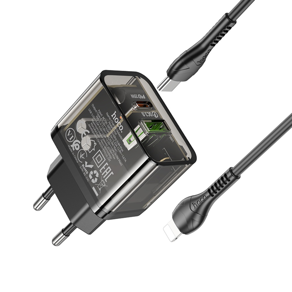 Сетевое зарядное устройство Hoco N34 USB/ Type-C QC PD 20W прозрачно-черное + кабель Type-C to Lightning