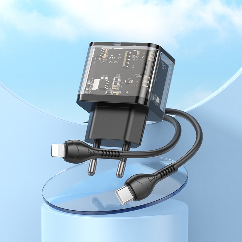 Сетевое зарядное устройство Hoco N34 USB/ Type-C QC PD 20W прозрачно-черное + кабель Type-C to Lightning