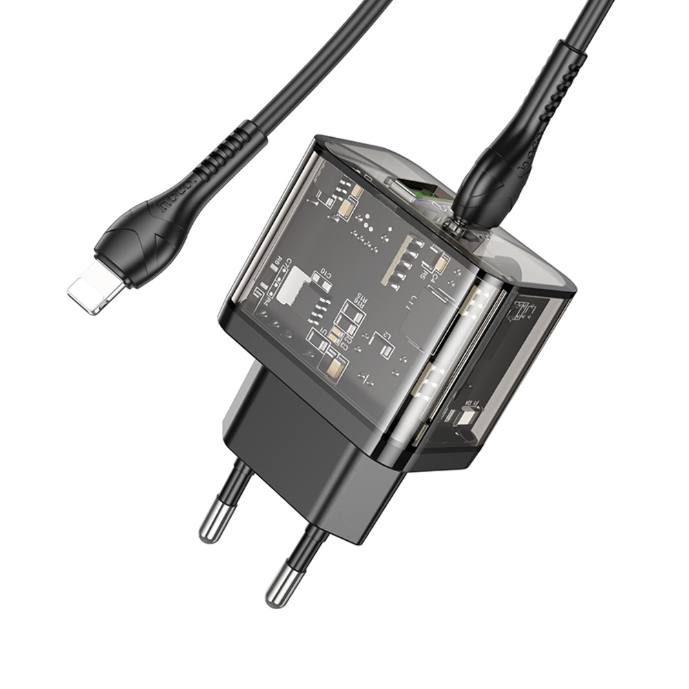 Сетевое зарядное устройство Hoco N34 USB/ Type-C QC PD 20W прозрачно-черное + кабель Type-C to Lightning