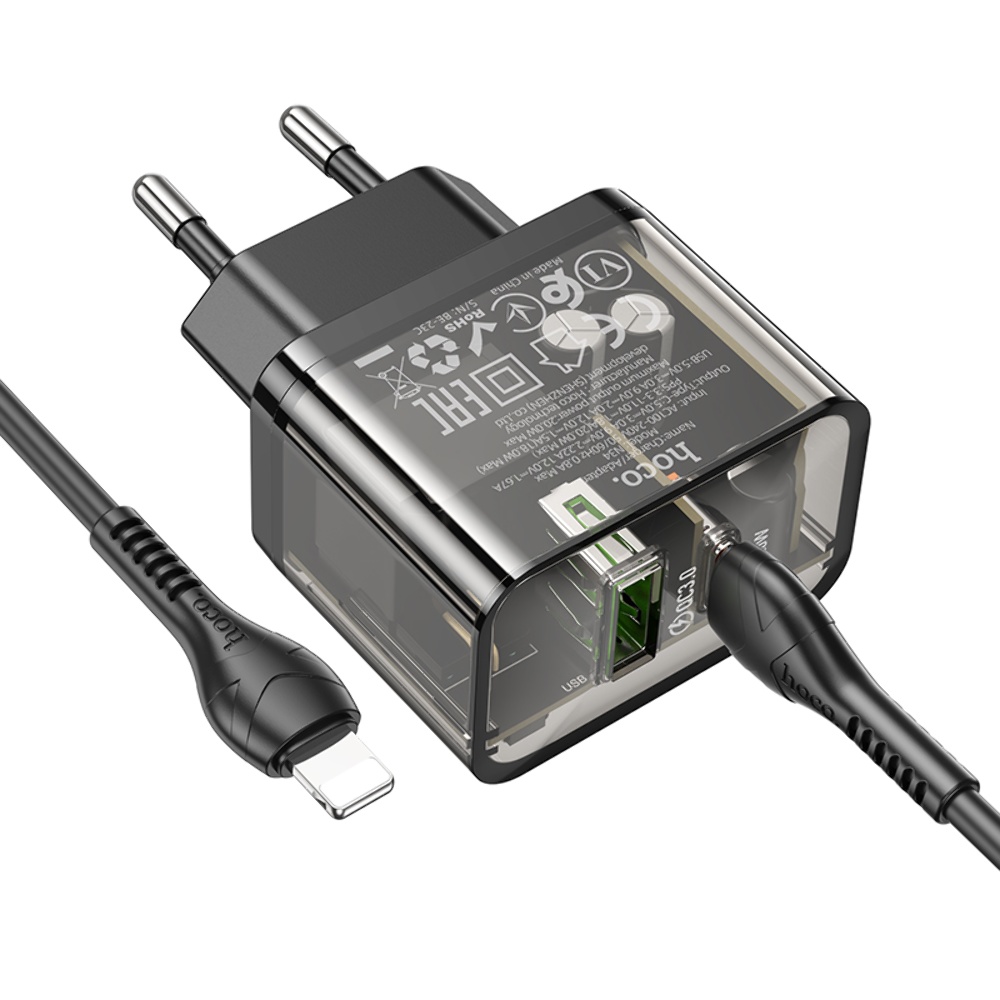 Сетевое зарядное устройство Hoco N34 USB/ Type-C QC PD 20W прозрачно-черное + кабель Type-C to Lightning