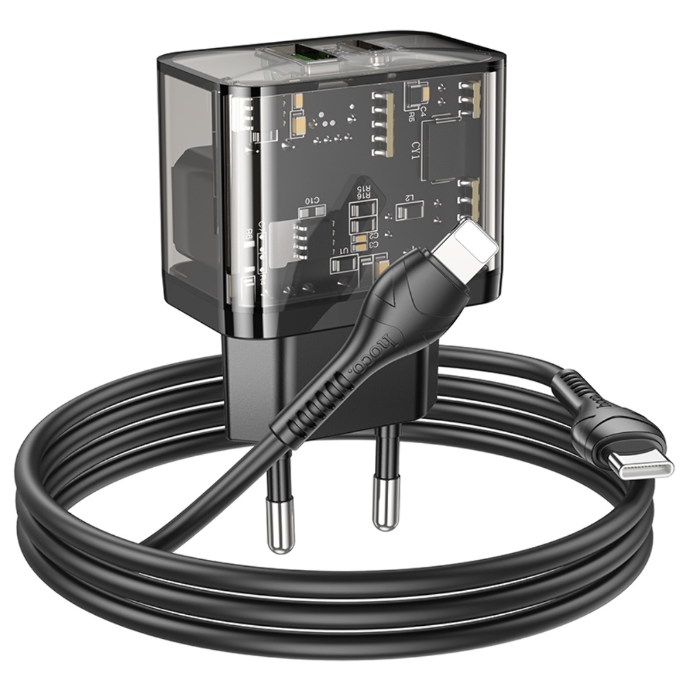 Сетевое зарядное устройство Hoco N34 USB/ Type-C QC PD 20W прозрачно-черное + кабель Type-C to Lightning