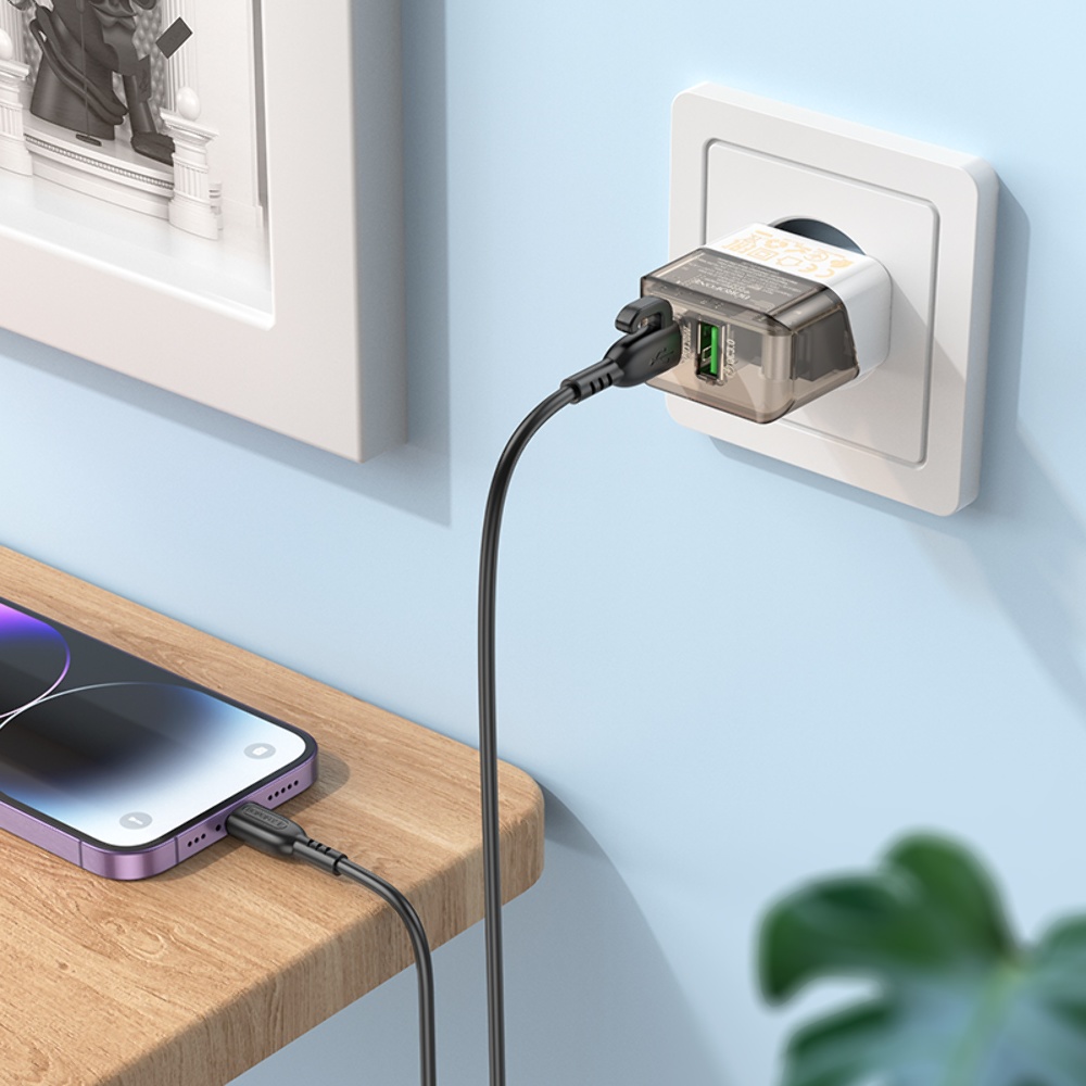 Сетевое зарядное устройство Borofone BA80A USB/ Type-C PD QC 20W прозрачно-черное + кабель Type-C to Lightning