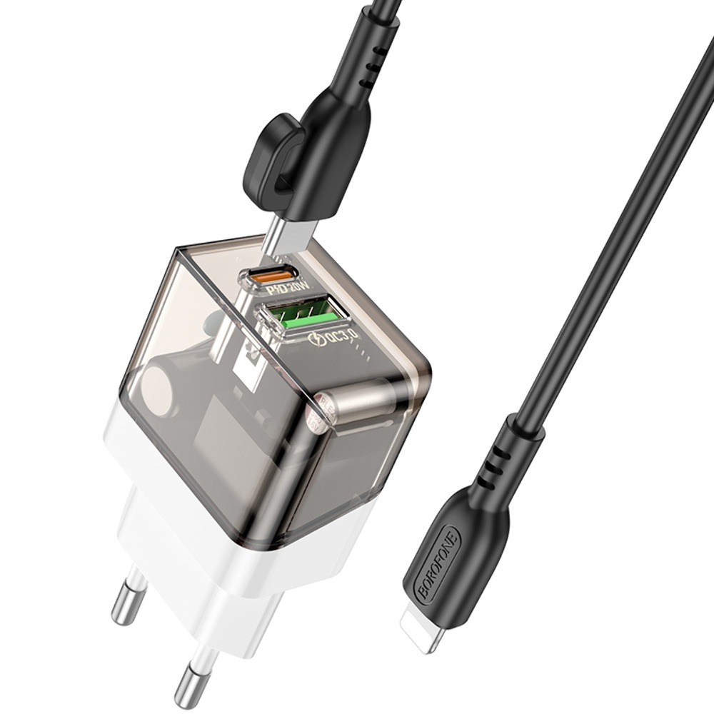 Сетевое зарядное устройство Borofone BA80A USB/ Type-C PD QC 20W прозрачно-черное + кабель Type-C to Lightning