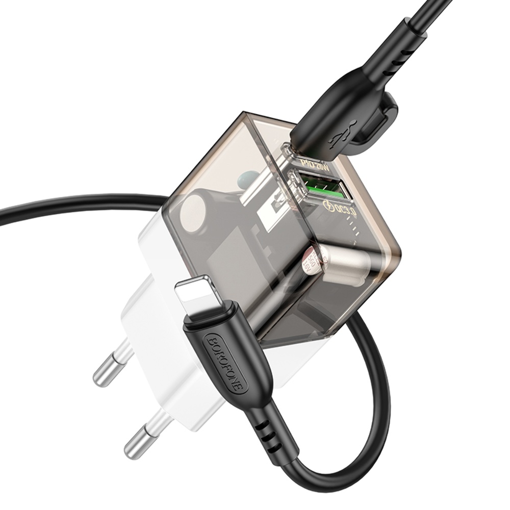 Сетевое зарядное устройство Borofone BA80A USB/ Type-C PD QC 20W прозрачно-черное + кабель Type-C to Lightning