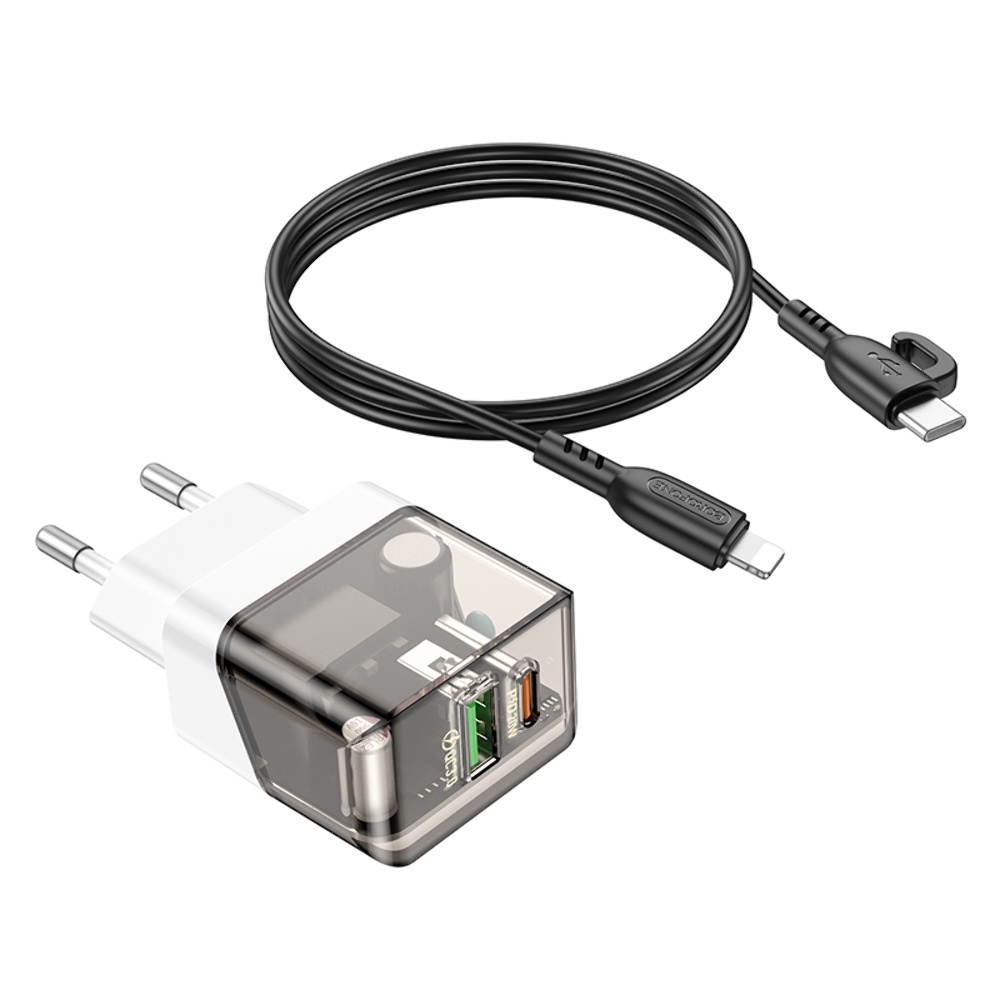 Сетевое зарядное устройство Borofone BA80A USB/ Type-C PD QC 20W прозрачно-черное + кабель Type-C to Lightning