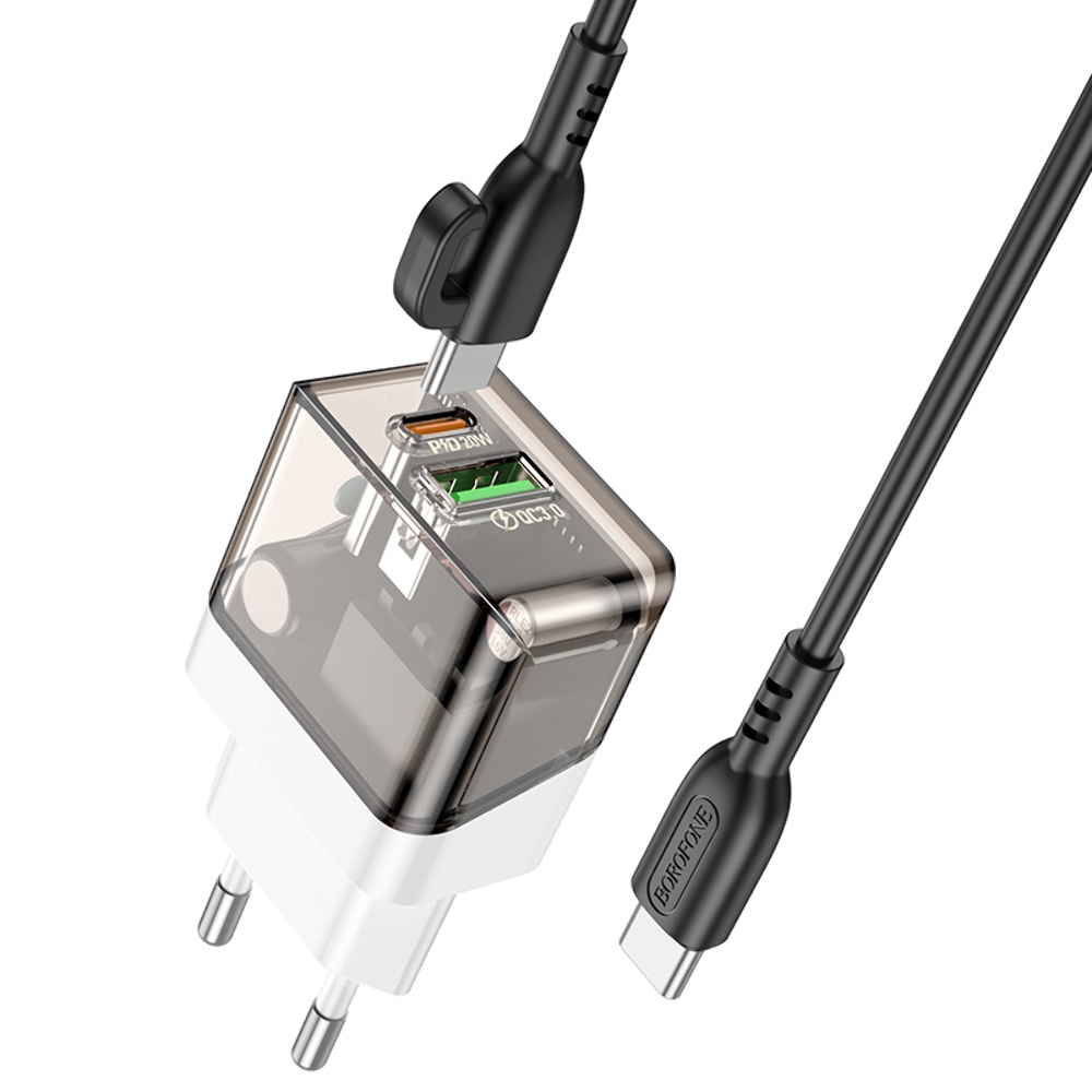 Сетевое зарядное устройство Borofone BA80A USB/ Type-C PD QC 20W прозрачно-черное + кабель Type-C to Type-C