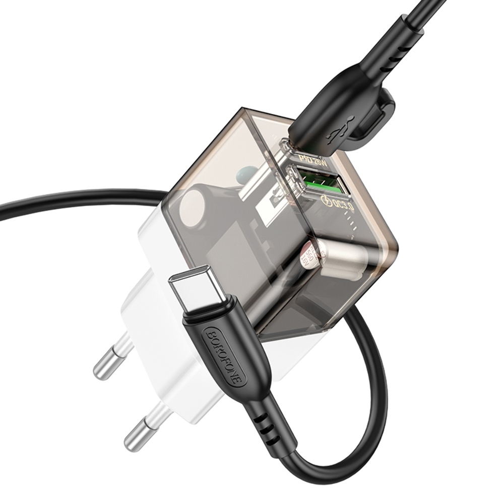 Сетевое зарядное устройство Borofone BA80A USB/ Type-C PD QC 20W прозрачно-черное + кабель Type-C to Type-C