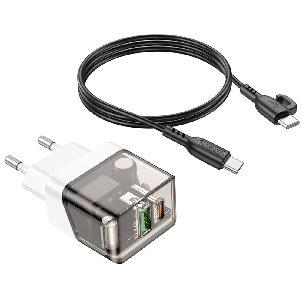 Сетевое зарядное устройство Borofone BA80A USB/ Type-C PD QC 20W прозрачно-черное + кабель Type-C to Type-C