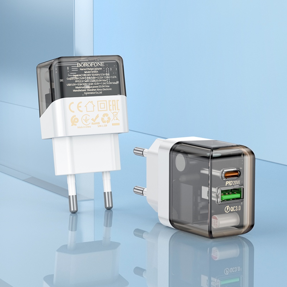 Сетевое зарядное устройство Borofone BA80A USB/ Type-C PD QC 20W прозрачно-черное