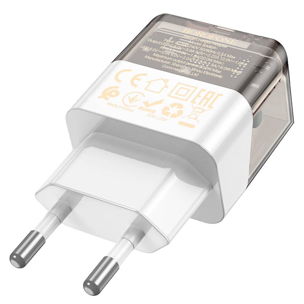 Сетевое зарядное устройство Borofone BA80A USB/ Type-C PD QC 20W прозрачно-черное