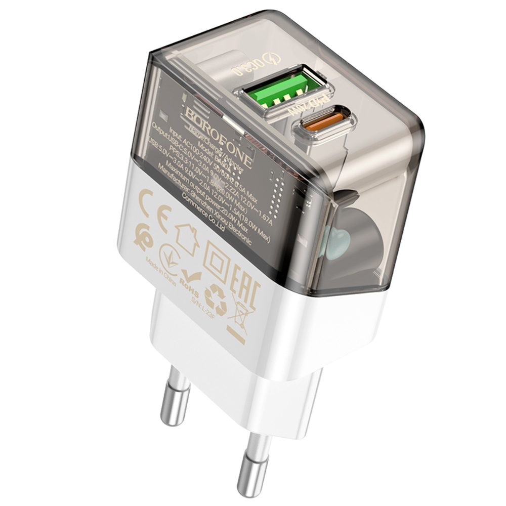 Сетевое зарядное устройство Borofone BA80A USB/ Type-C PD QC 20W прозрачно-черное