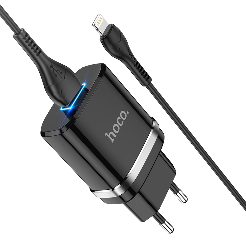 Сетевое зарядное устройство Hoco N1 USB черное + кабель USB to Lightning