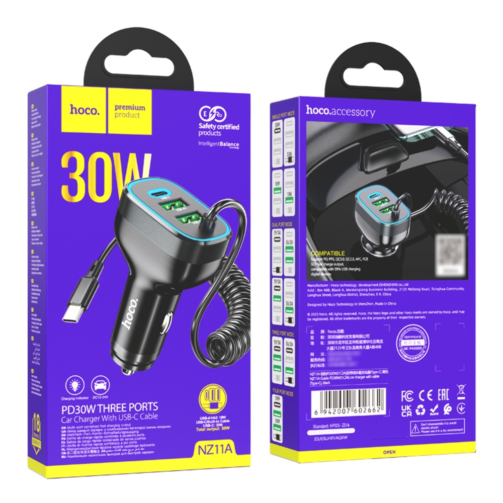 Автомобильное зарядное устройство Hoco NZ11A 2USB/ Type-C PD 30W черное + кабель Type-C