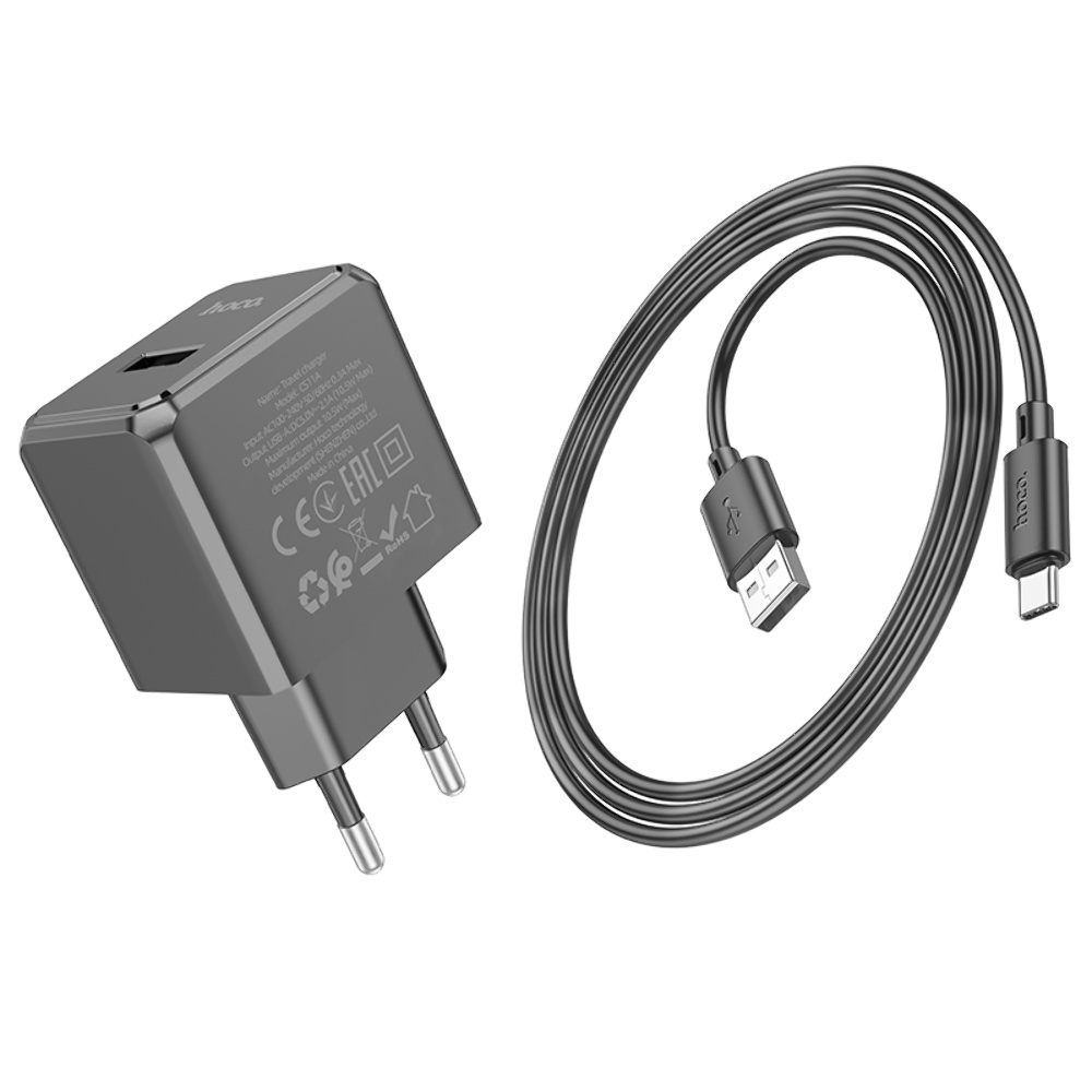 Сетевое зарядное устройство Hoco CS11A USB черное + кабель USB to Type-C