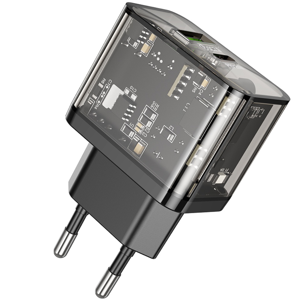 Сетевое зарядное устройство Hoco N34 USB/ Type-C QC PD 20W прозначно-черное