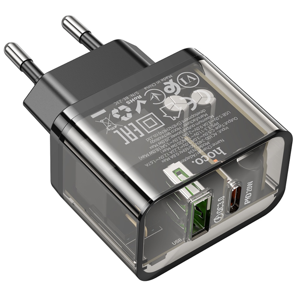 Сетевое зарядное устройство Hoco N34 USB/ Type-C QC PD 20W прозначно-черное