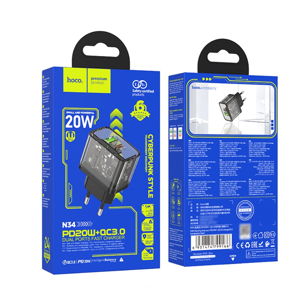 Сетевое зарядное устройство Hoco N34 USB/ Type-C QC PD 20W прозначно-черное