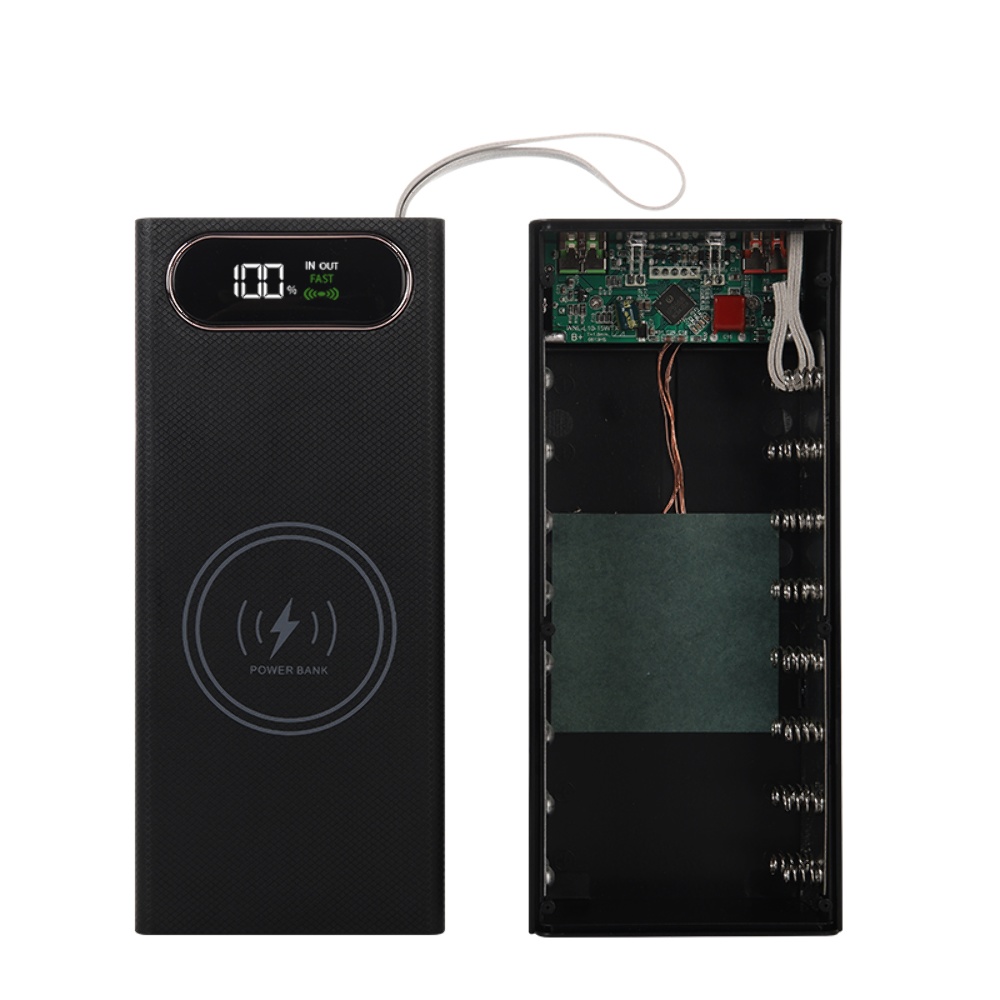 Корпус Multi-powerbank L16, под элементы 18650 до 16 шт, 22.5+15W, с беспроводной зарядкой и фонарём, черный