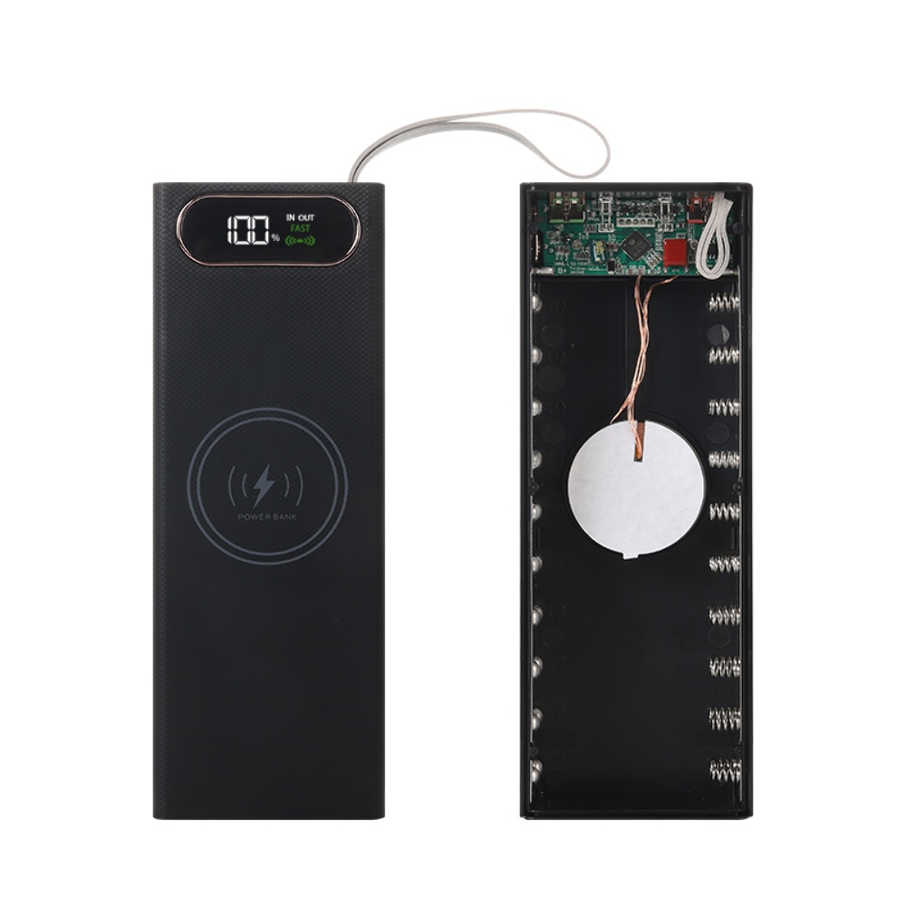 Корпус Multi-powerbank L20, под элементы 18650 до 20 шт, 22.5+15W, с беспроводной зарядкой и фонарём, черный
