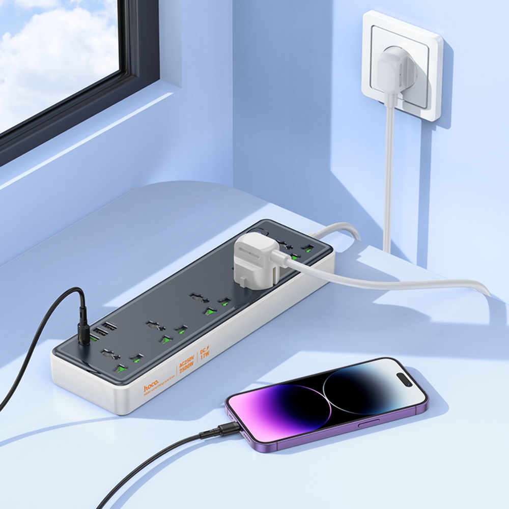 Сетевое зарядное устройство удлинитель Hoco AC13A 3 USB/ Type-C 5 розеток 1m черный