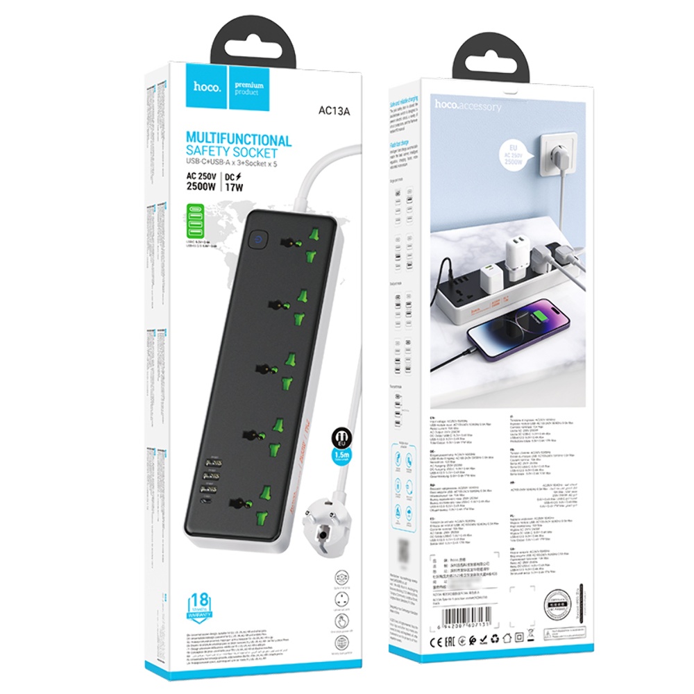 Сетевое зарядное устройство удлинитель Hoco AC13A 3 USB/ Type-C 5 розеток 1m черный