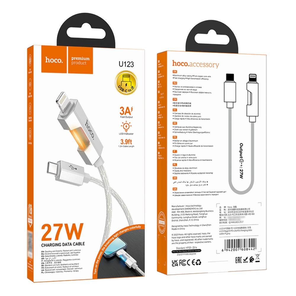 Кабель Hoco U123 с индикатором Type-C to Lightning PD 27W 1.2m grey
