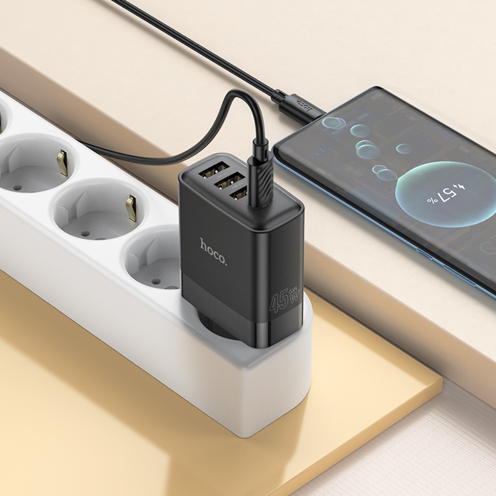 Сетевое зарядное устройство Hoco C127A 3 USB/ Type-C PD45W черное + кабель Type-C to Type-C