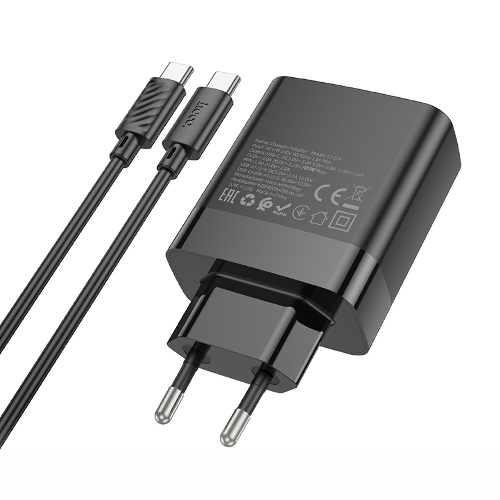 Сетевое зарядное устройство Hoco C127A 3 USB/ Type-C PD45W черное + кабель Type-C to Type-C
