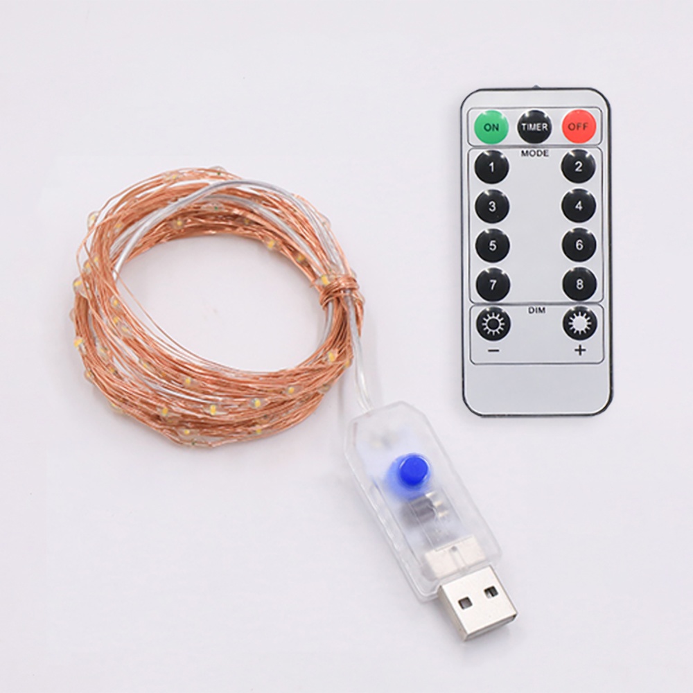 Светодиодная гирлянда USB, медная нить, теплый белый, 10 м, 100 светодиодов, 8 режимов, с пультом