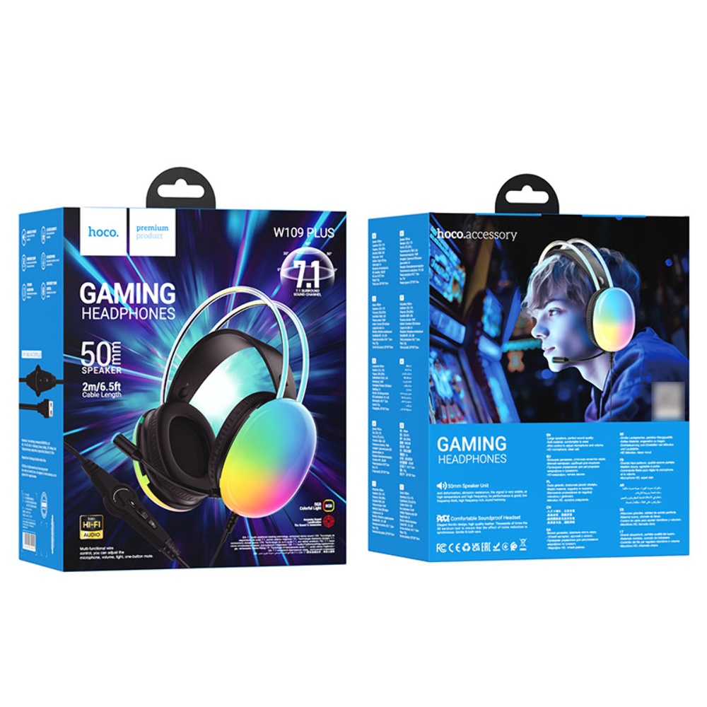 Наушники накладные Hoco W109 Plus игровые с LED подсветкой USB black