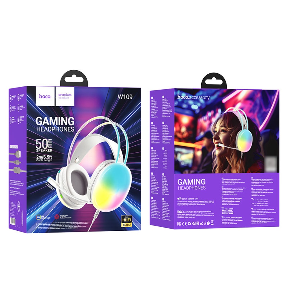 Наушники накладные Hoco W109 игровые с LED подсветкой Jack 3.5 white
