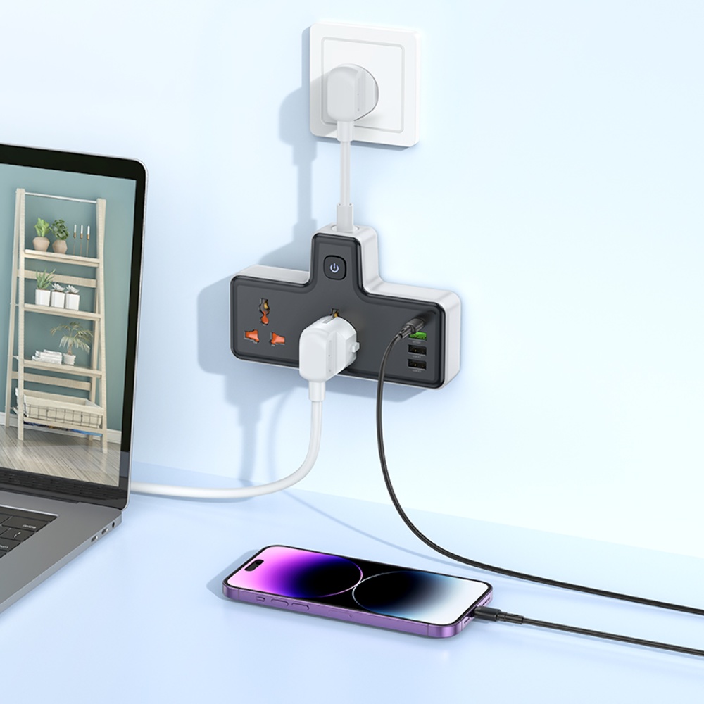 Сетевое зарядное устройство удлинитель Hoco AC12A 3 USB/ Type-C PD 30W 2 розетки 1m черный