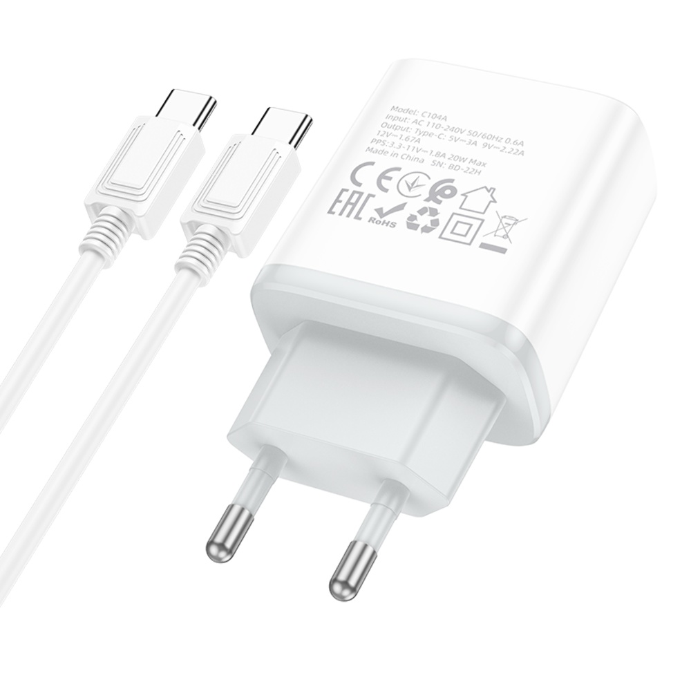 Сетевое зарядное устройство Hoco C104A Type-C PD 20W белое + кабель Type-C to Type-C