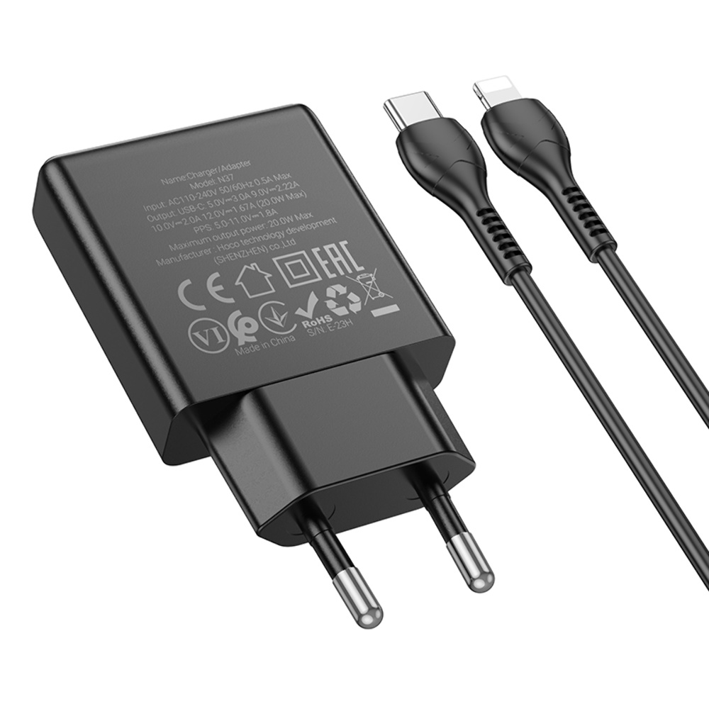 Сетевое зарядное устройство Hoco N37 Type-C PD 20W + кабель Type-C to Lightning черное