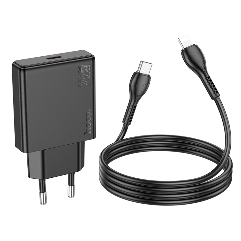 Сетевое зарядное устройство Hoco N37 Type-C PD 20W + кабель Type-C to Lightning черное