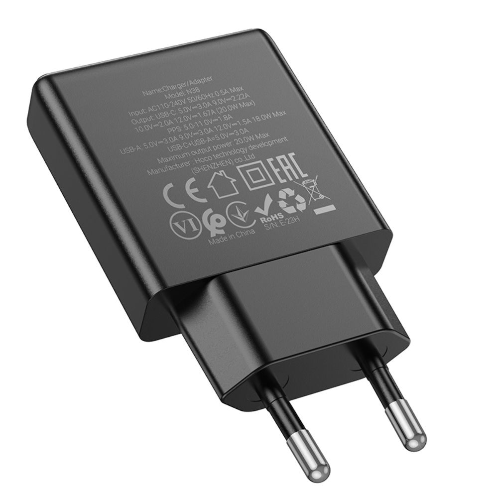 Сетевое зарядное устройство Hoco N38 USB/ Type-C QC PD 20W черное
