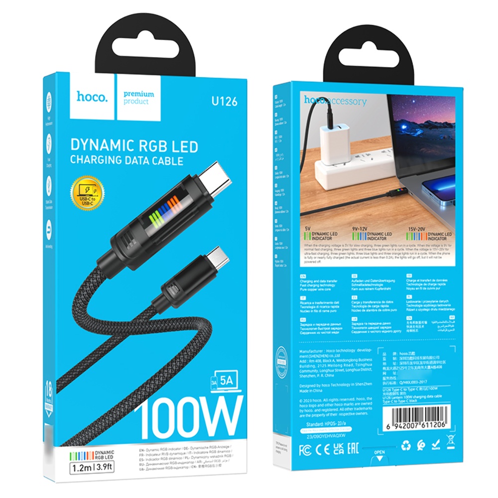 Кабель Hoco U126 с индикатором Type-C to Type-C PD 100W 1.2m black