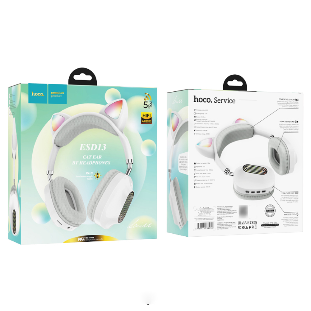 Беспроводные наушники Hoco ESD13 Skill Cat накладные с ушками и LED подсветкой white