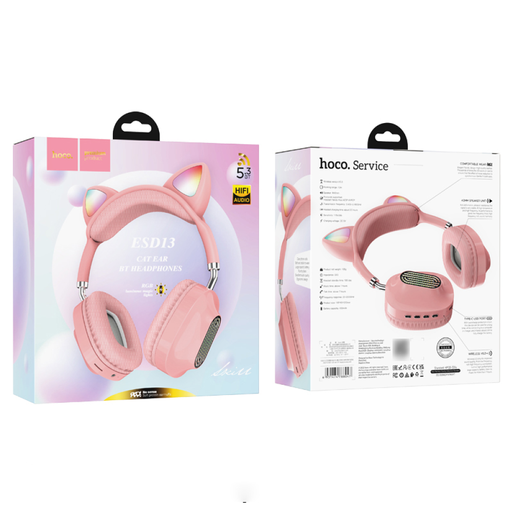 Беспроводные наушники Hoco ESD13 Skill Cat накладные с ушками и LED подсветкой pink