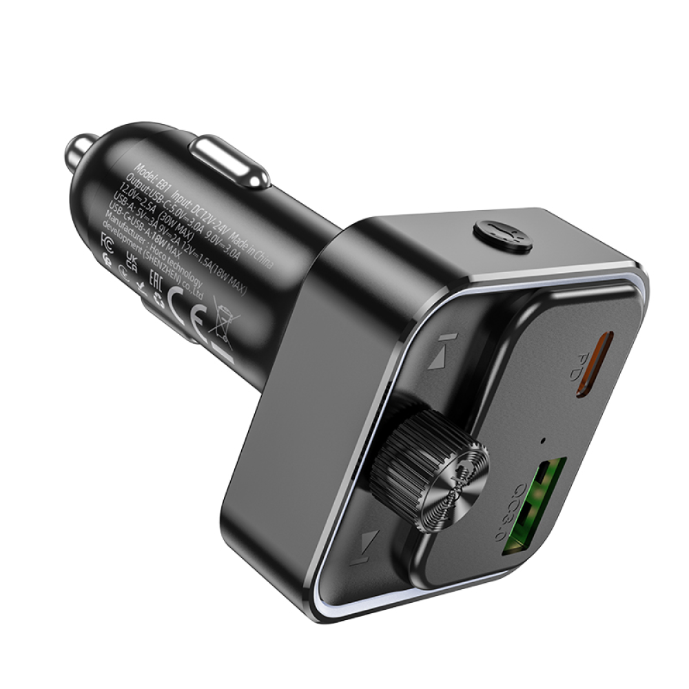 Автомобильное зарядное устройство Hoco E81 USB/ Type-C PD QC 30W c дисплеем c FM-модулятором черное