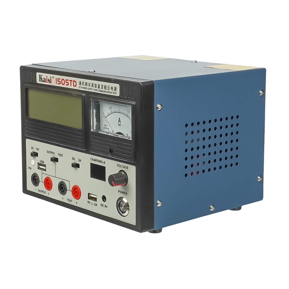 Блок питания лабораторный Kaisi 1505TD 15V, 5A, цифровая/аналоговая индикация, автовосстановление после КЗ, тестер, USB 5V/2A, DC 9V