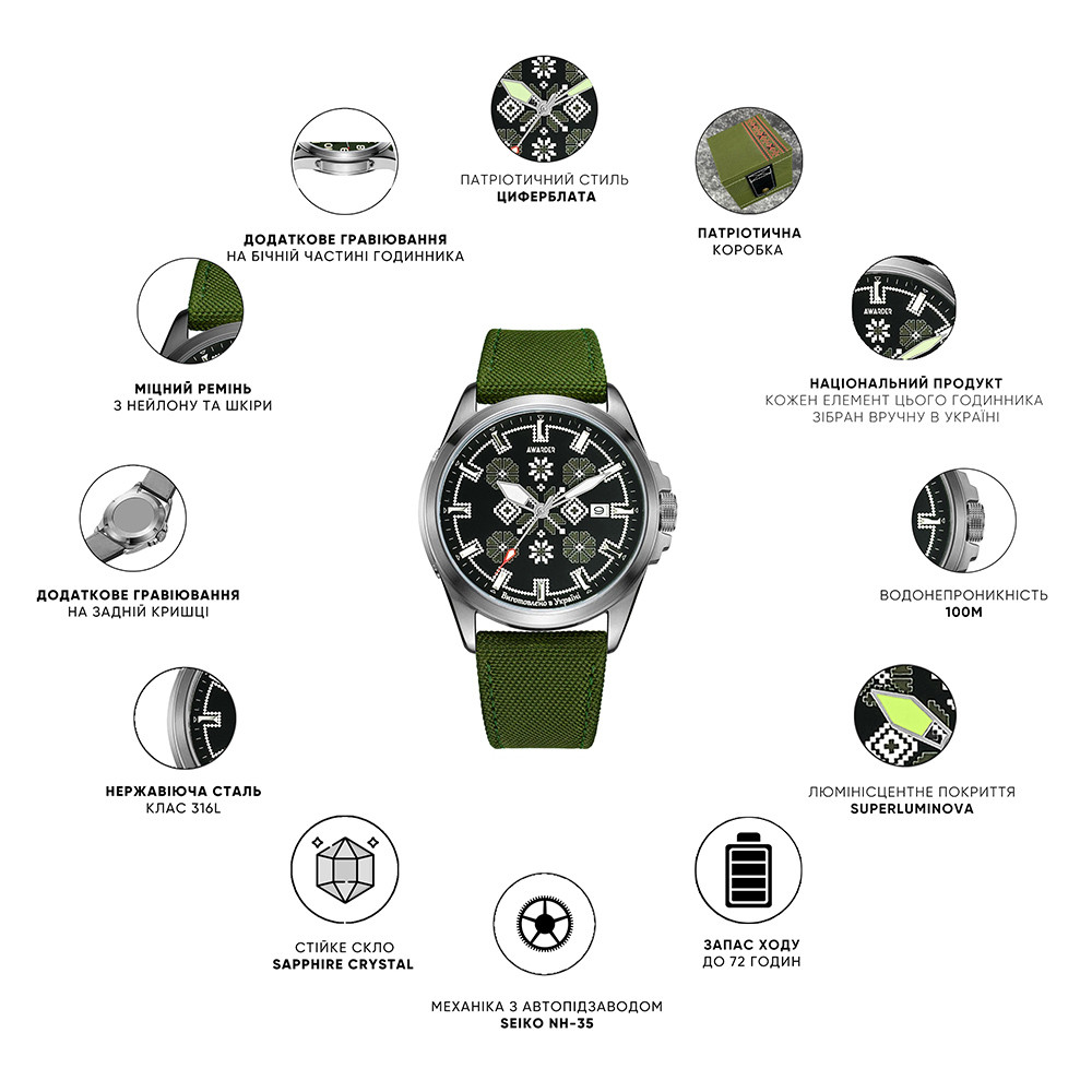 Awarder Embroidery Silver-Army Green Khaki Automatic 10ATM