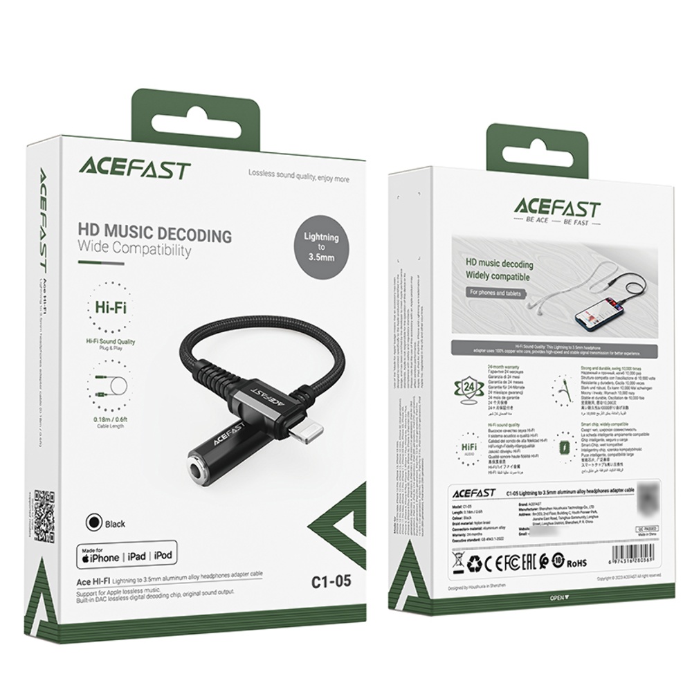 Кабель Acefast C1-05 Lightning to 3.5mm 0.18m black