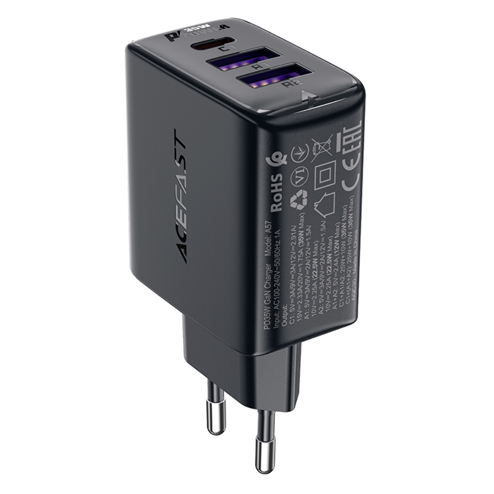 Сетевое зарядное устройство Acefast A57 2 USB/ Type-C QC PD35W GaN черное