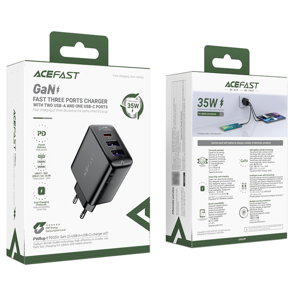 Сетевое зарядное устройство Acefast A57 2 USB/ Type-C QC PD35W GaN черное