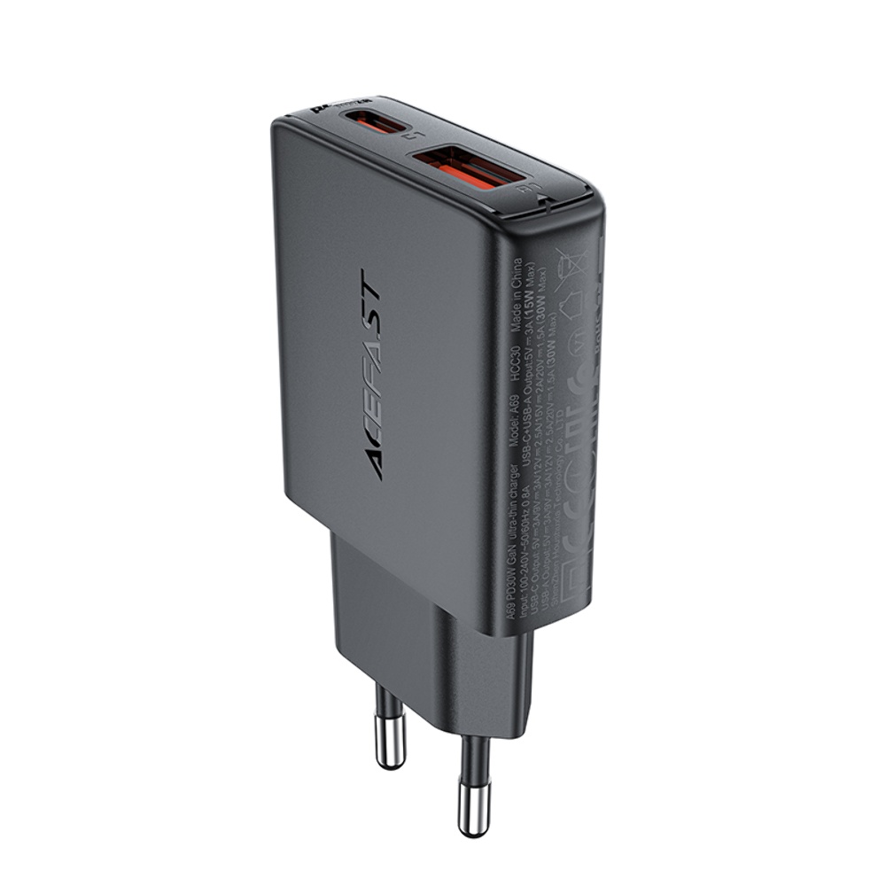 Сетевое зарядное устройство Acefast A69 USB/ Type-C QC PD 30W GaN черное